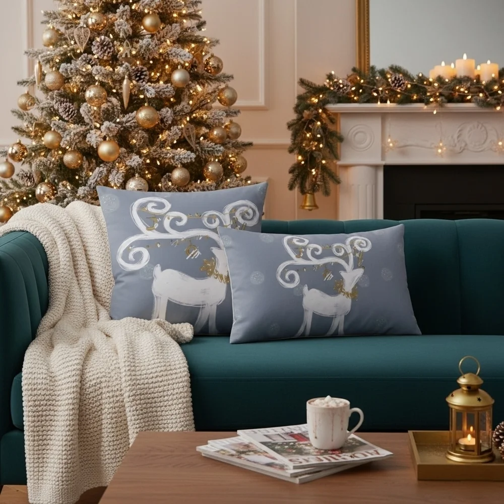 Holiday Decor 3 Piece Christmas Cushion Cover Whimsical Reindeer 3 Piece Set